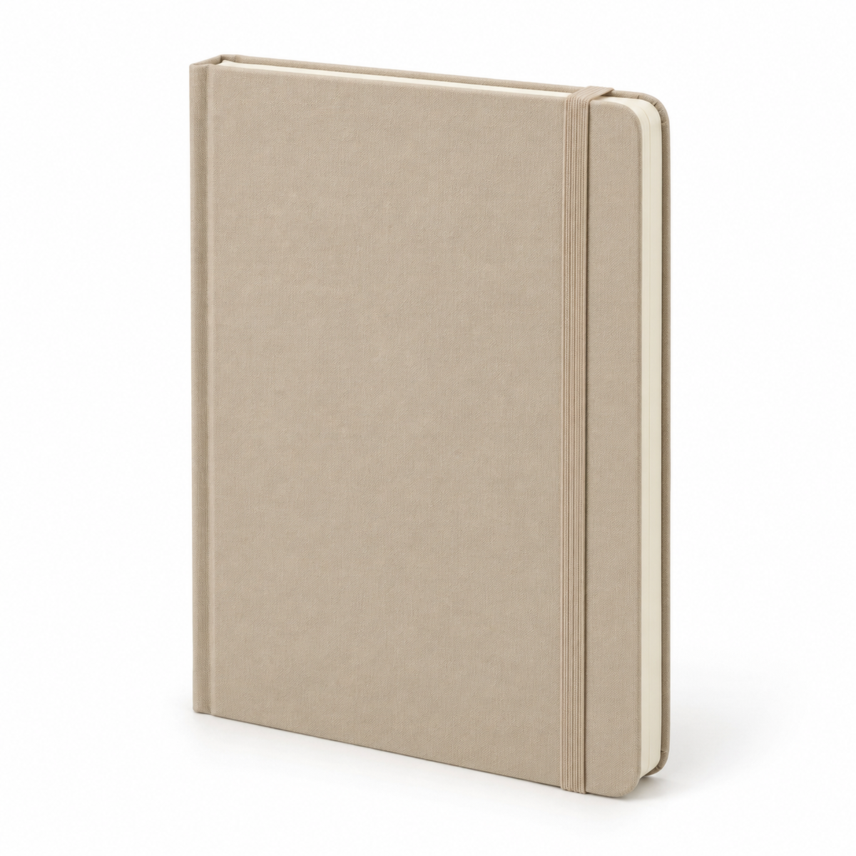 Sand beige hardcover notebook with elastic closure on white background
