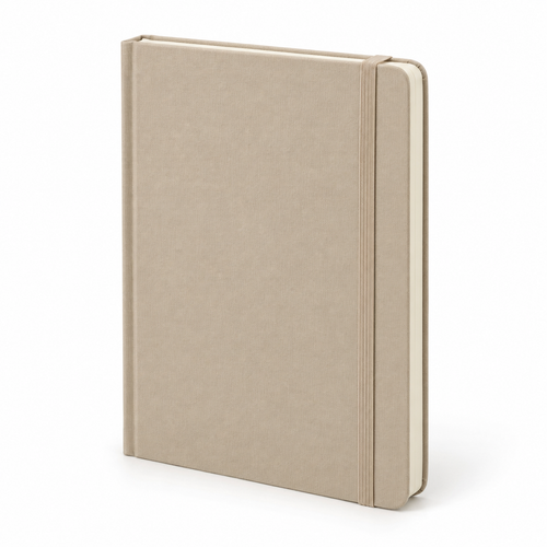 Sand beige hardcover notebook with elastic closure on white background