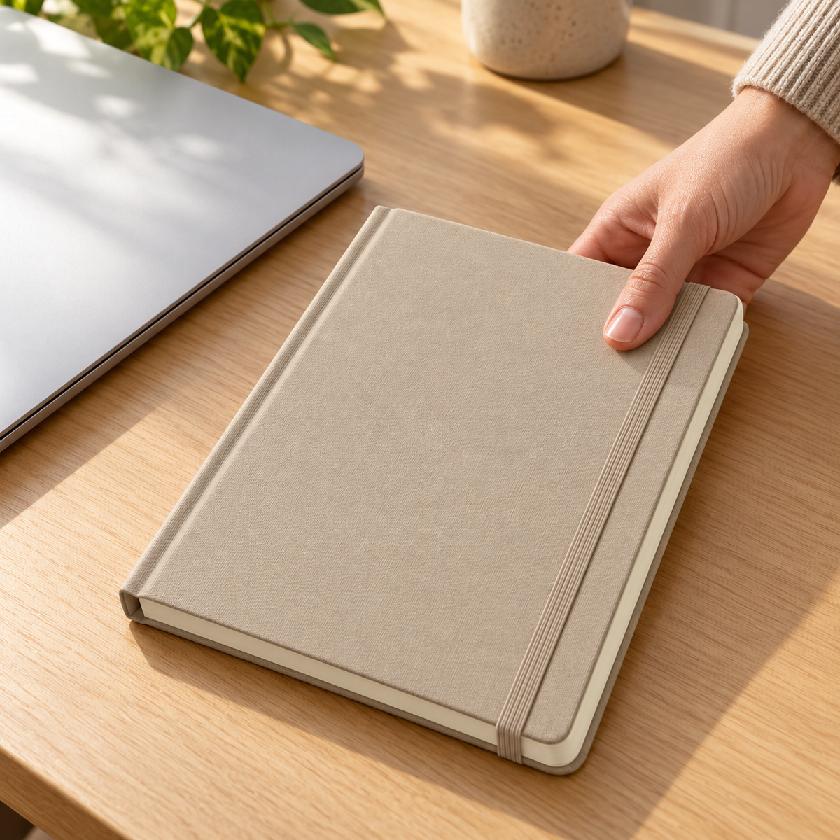 Sand beige hardcover notebook in office use
