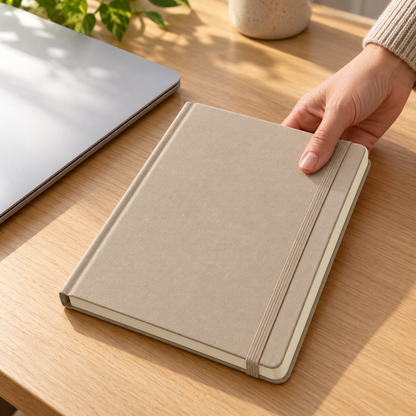Sand beige hardcover notebook in office use