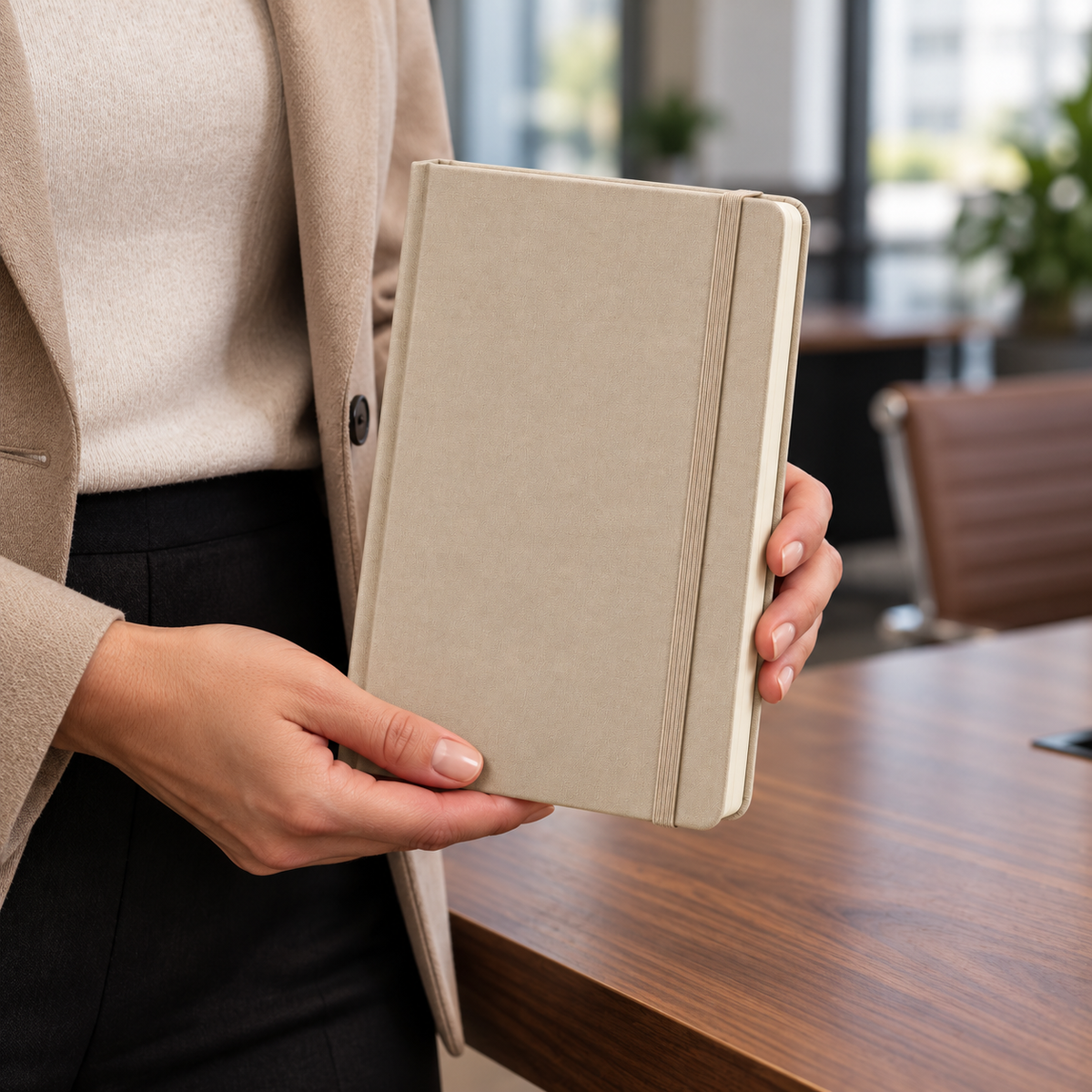 Sand beige hardcover notebook in office use