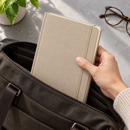Sand beige hardcover notebook in office use